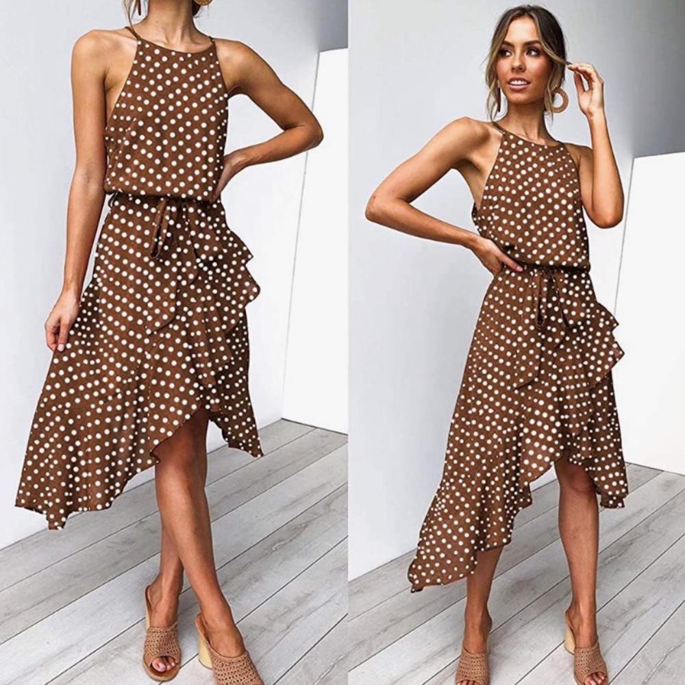 Brown Polka Dot Midi Dress - Classic Halter Ruffle